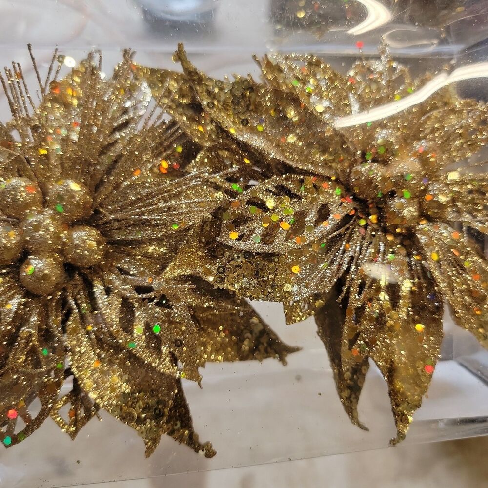 Metallic Sheer Gold Glitter 10" Poinsettia Clip-on Ornament Centerpiece 12 Pcs